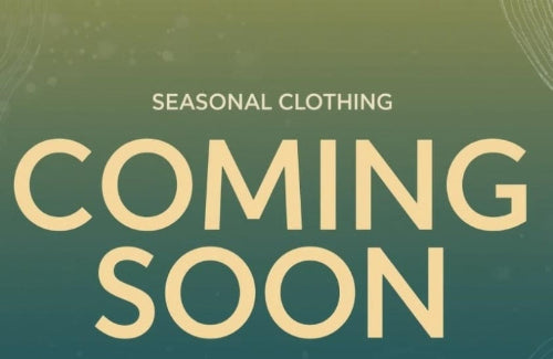 Promotional text 'Coming Soon' for seasonal clothing on a green background